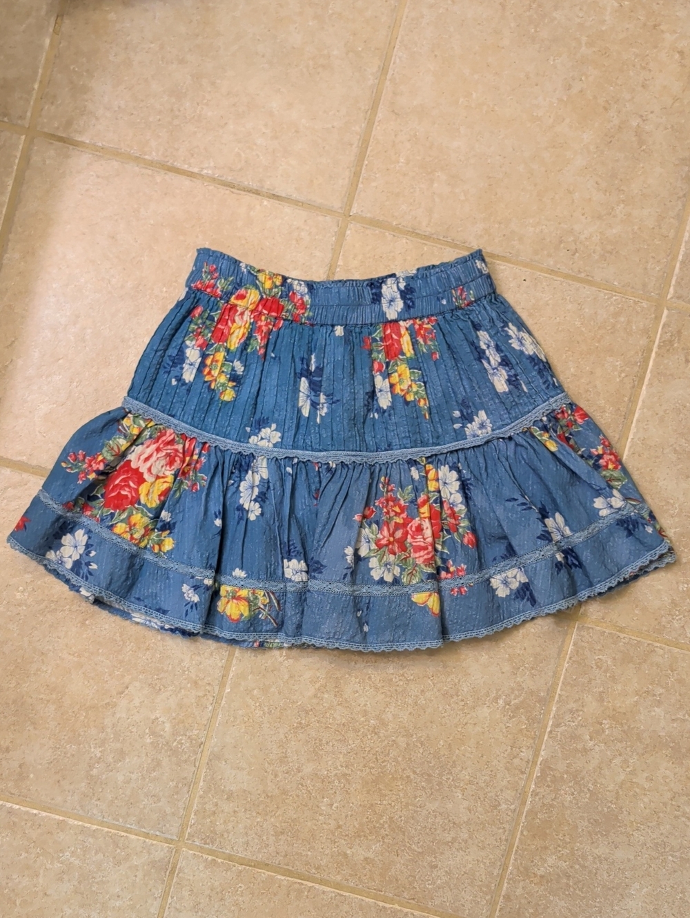 LoveShackFancy Ruffle Mini Skirt, Size S, Blue Chambray Floral, Tiered Lace Trim